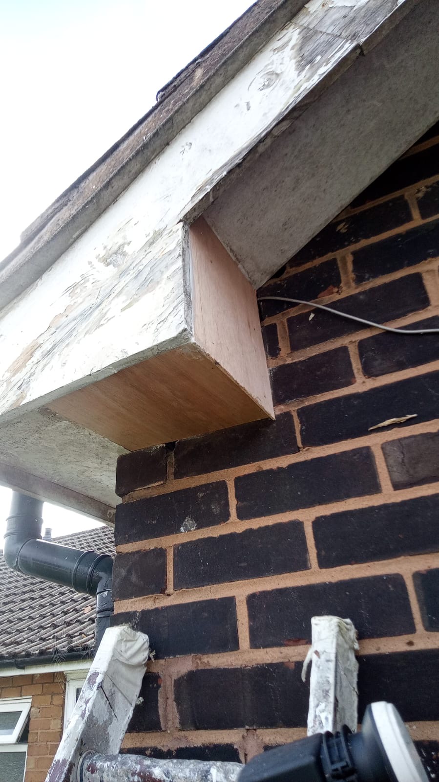 Replacement soffit timber fitted at a gable corner at Sutton Court