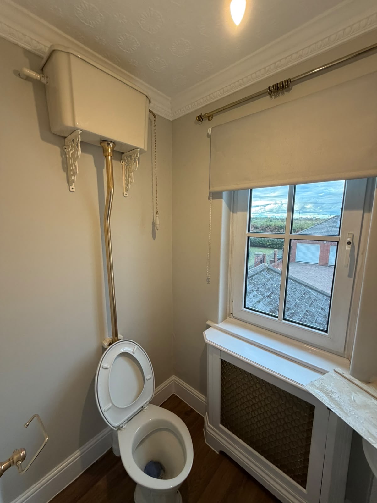 Decorated period cloakroom with neutral walls, white sash-window surround, decorative cornice and traditional high-level cistern