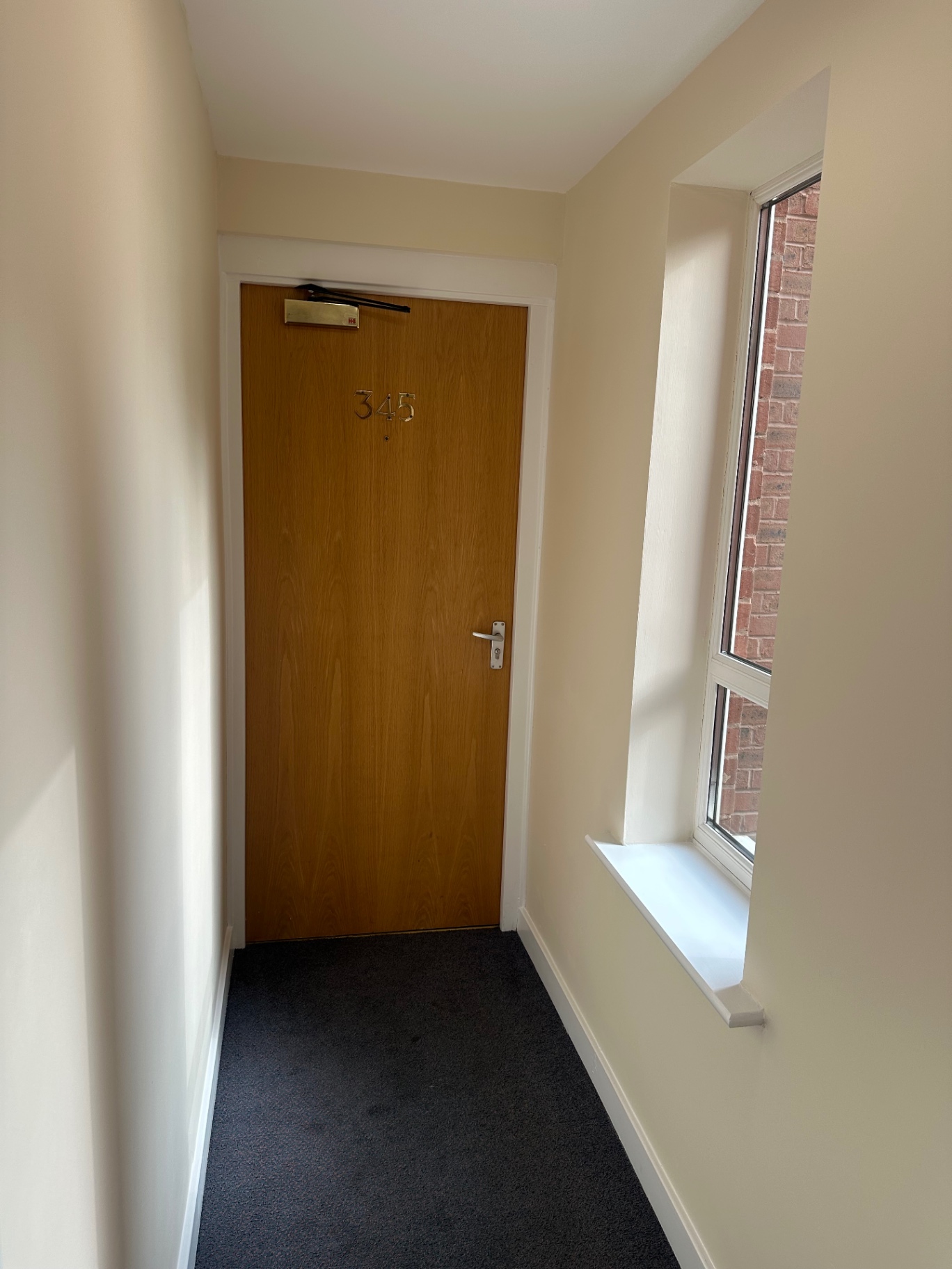 Communal flat entry door and frame with freshly painted window reveal and walls