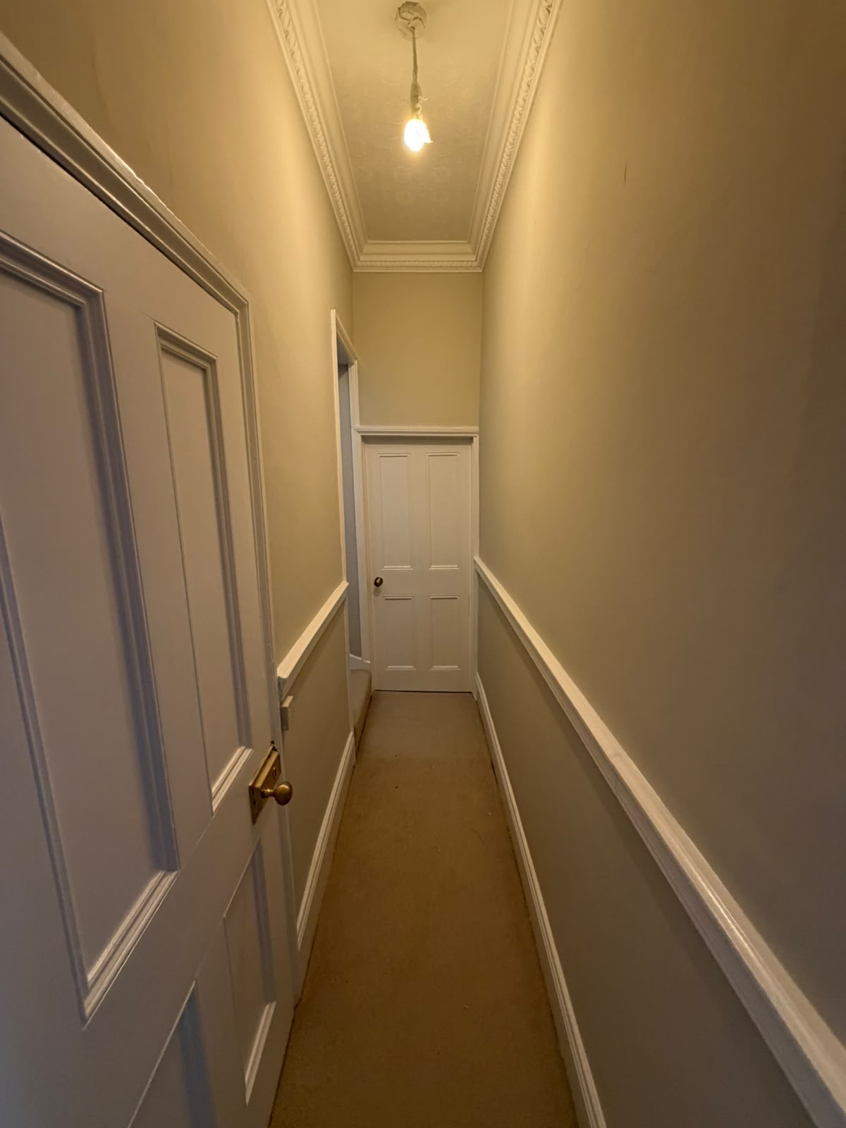 Period-property corridor with white panelled doors, wall mouldings and decorative ceiling cornice