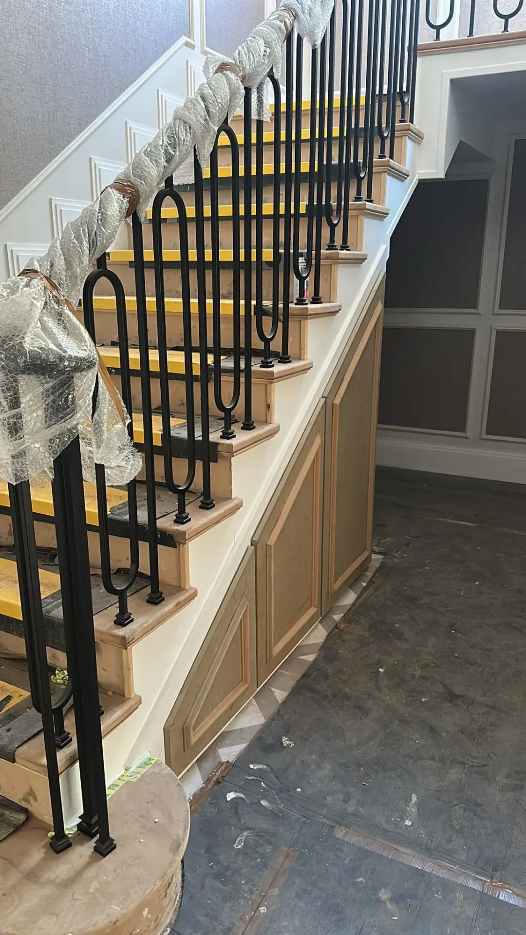 Edgbaston staircase before spray finishing — original timber balustrade and treads