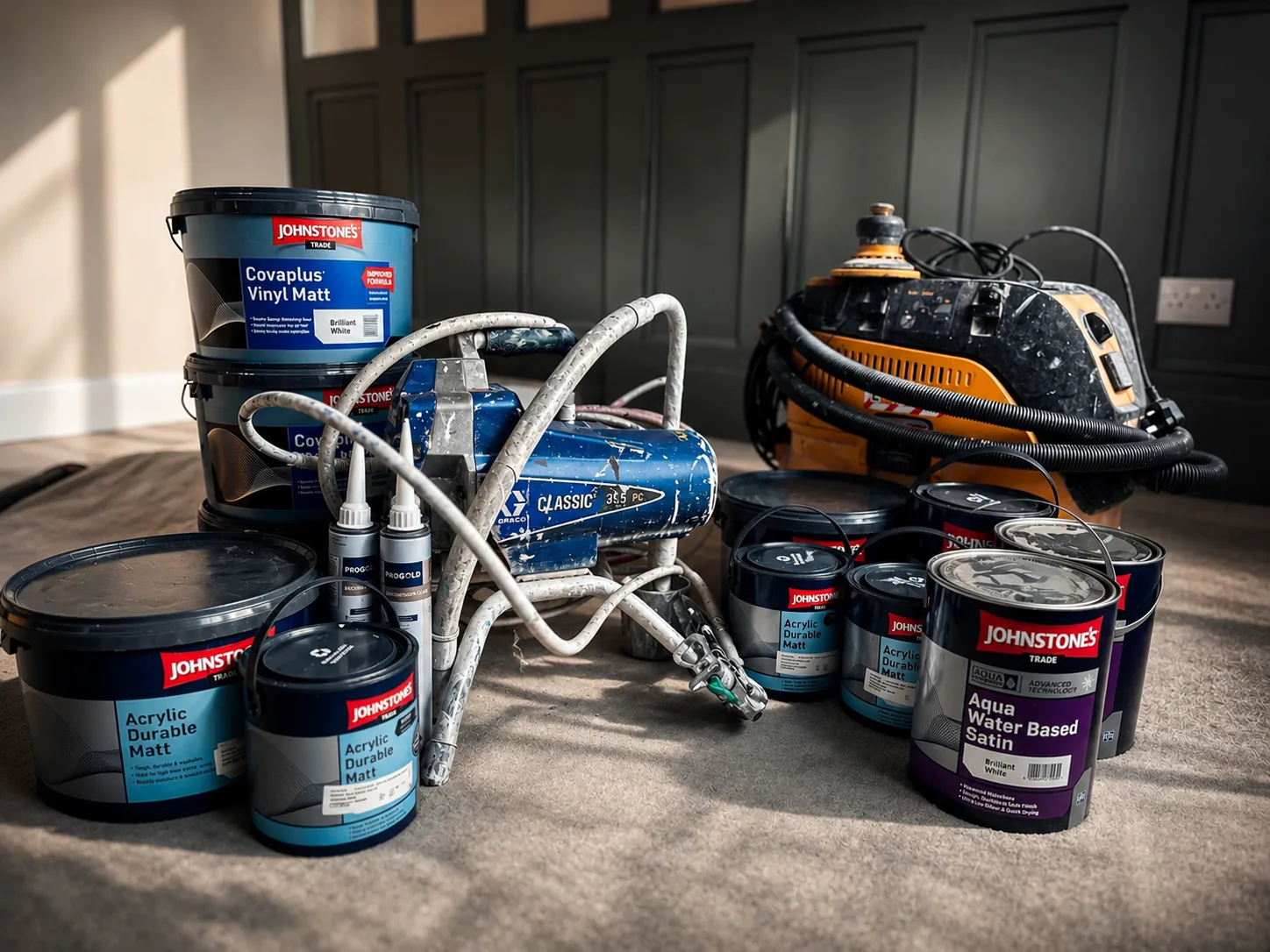 Graco airless sprayer, Mirka dustless extractor and Johnstone's Trade coatings used on a Four Oaks project
