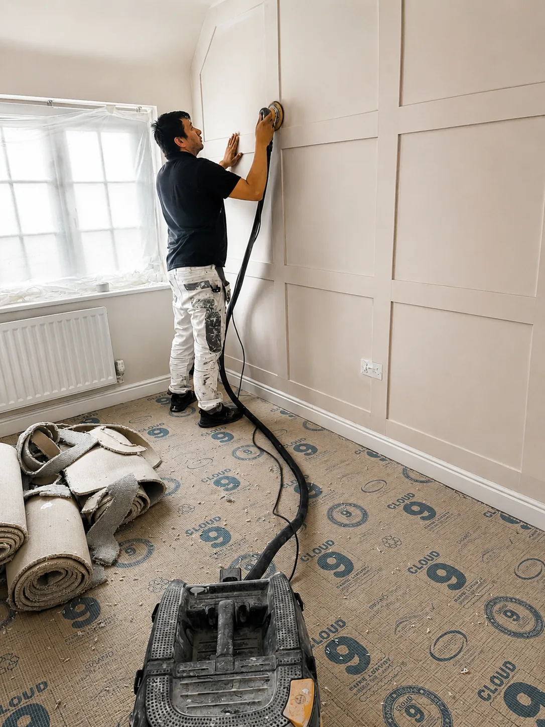 Decorator sanding fitted wall panelling with extractor connected