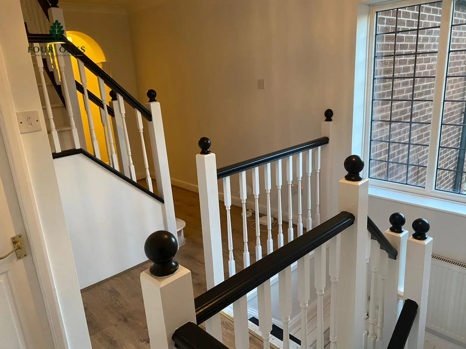 Staircase spray finish detail in black and white